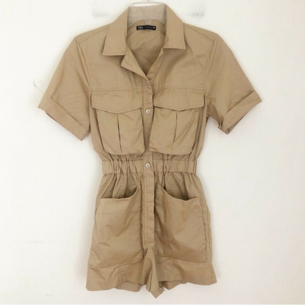 Zara Poplin Cargo Romper Tan XS